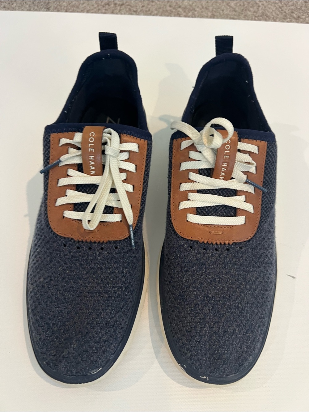 Cole Haan Navy Knit Sneakers with Brown Leather Accent